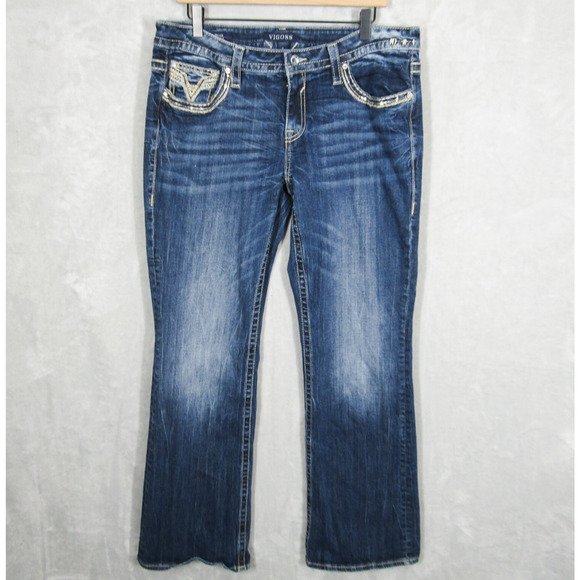 Vigoss Jeans 14 Embellished Dallas Bootcut Rhinestone Pockets Dark Wash Denim - Picture 1 of 12